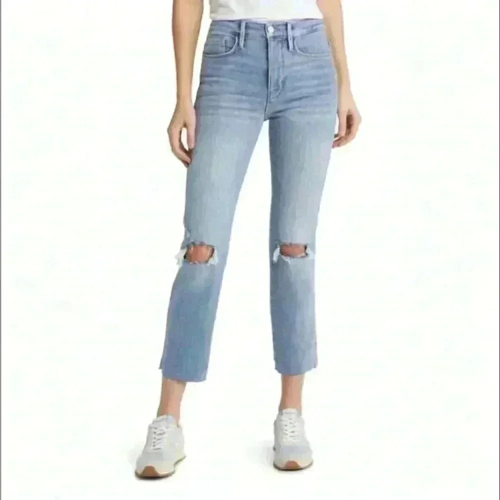 NWT FRAME Denim Sylvie cropped distressed mid-rise straight-leg jeans 29 - Picture 1 of 11